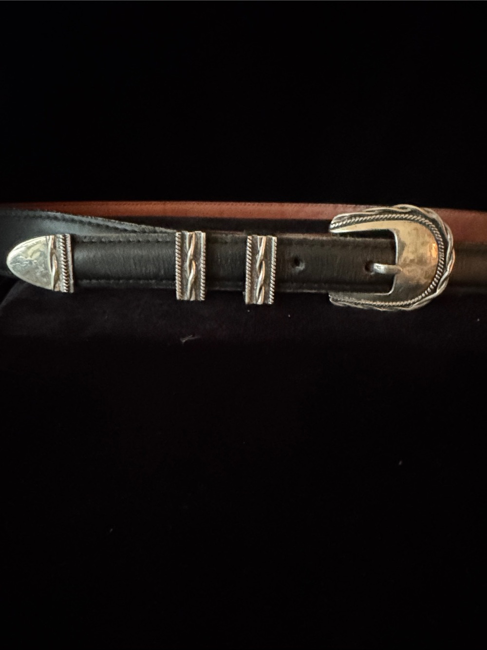 ALEXANDER’S BELTS & BUCKLES Leather Western Belt w/Sterling Buckle & Trim